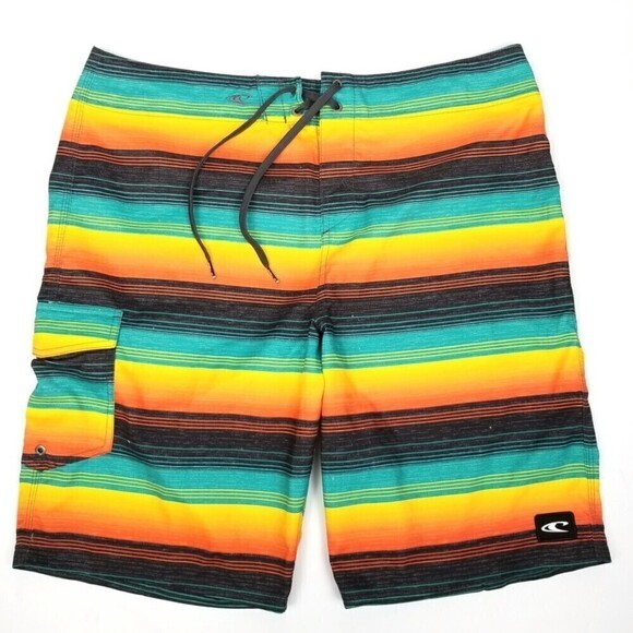 O'Neill 90s Y2k Striped Santa Cruz 11 Inch Board Shorts Swim Trunks Men 36 Green - Picture 1 of 11